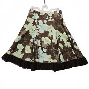 Vanklee 100% Linen Floral A-Line Skirt Small Brown Green Mesh Ruffle Trim Boho